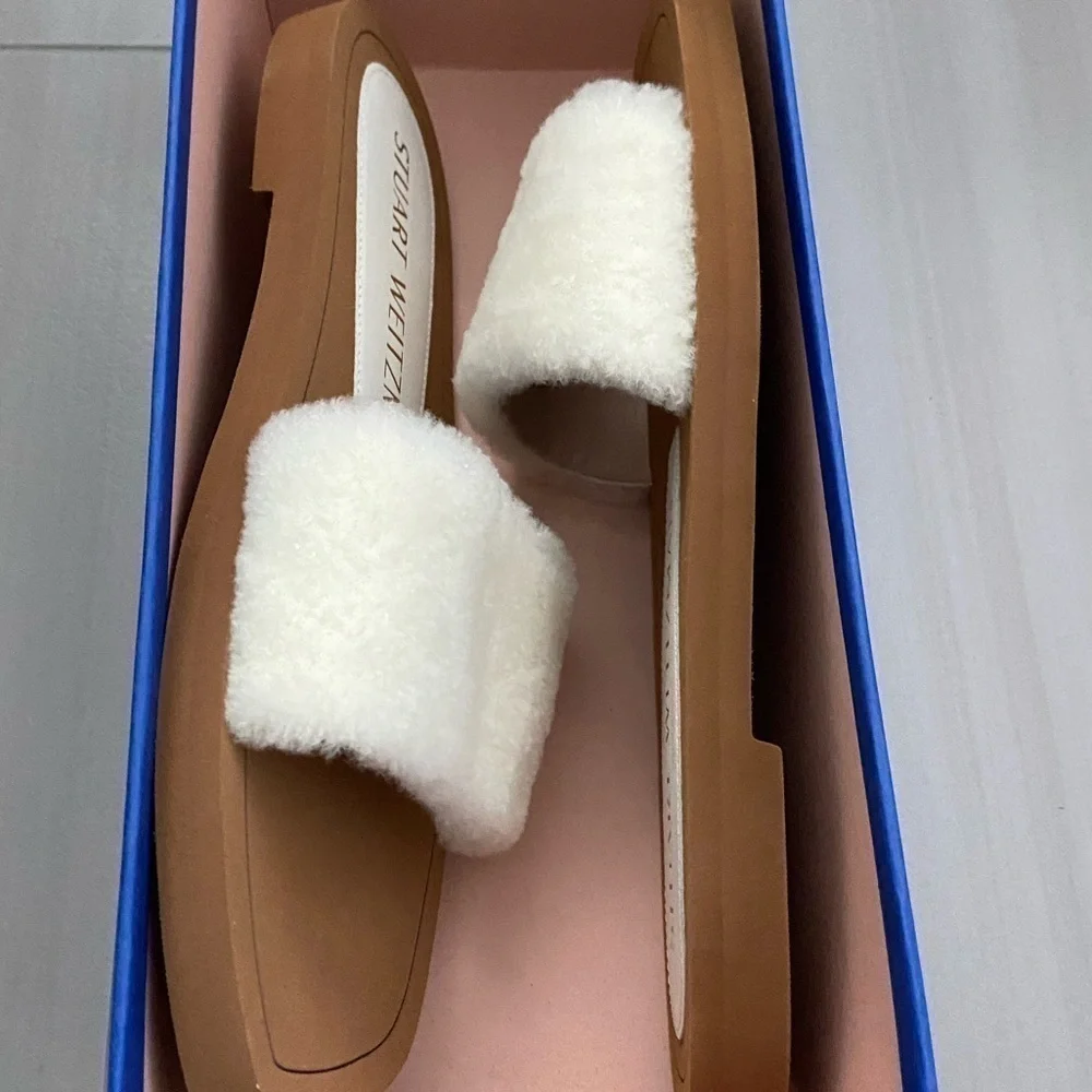 NWT Stuart Weitzman Cammy Shearling Slides White Size 6.5B US 37 EUR
